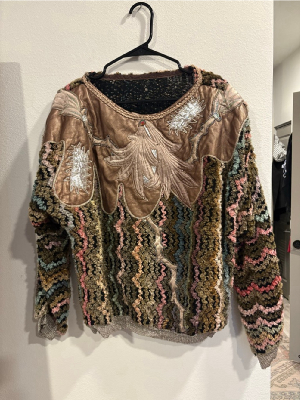 Vtg 80s Maximalist Embellished Boho Sweater Mixed Media Applique Oversize Medium